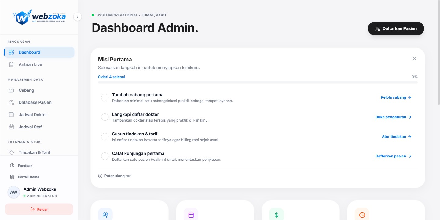 Dashboard Portal Clinic pada akun showcase Webzoka dengan checklist persiapan klinik.